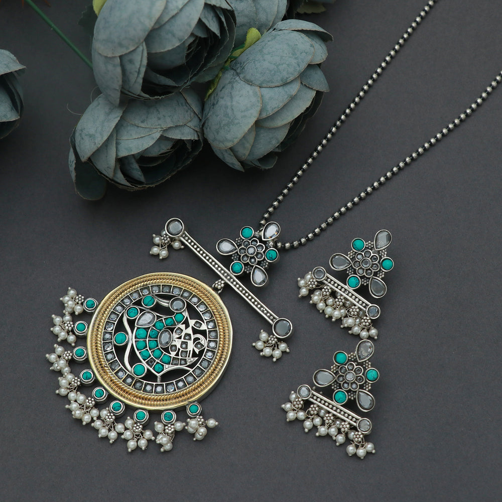 Silver Dual Tone Turquoise color round shaped pendant and earring set